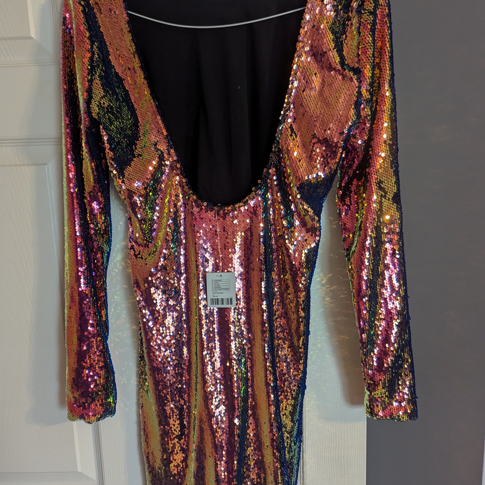 Chrome Sequin Backless Long Sleeve Dress - Picture 3 of 6